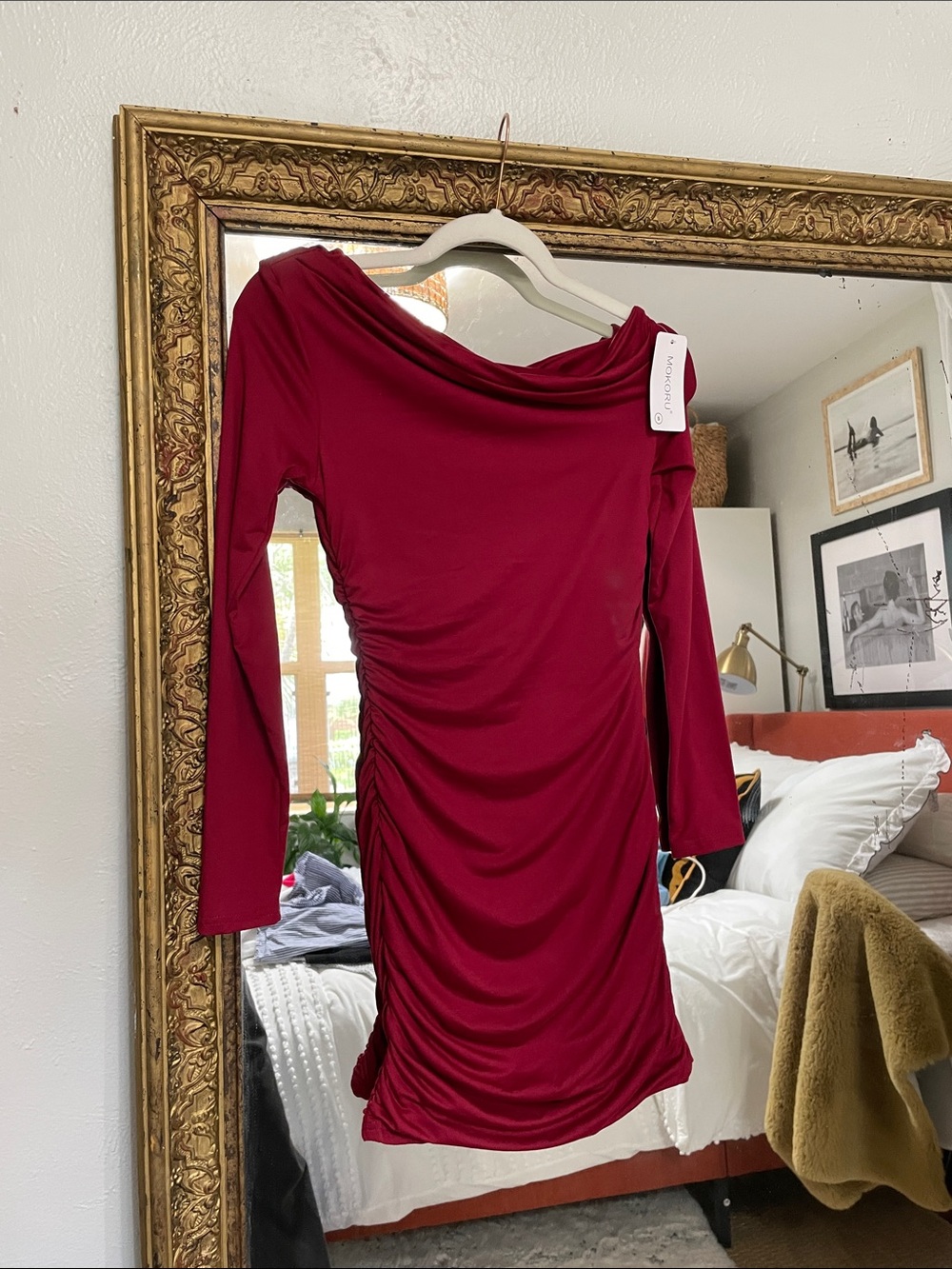 Draped Burgundy Long-Sleeve Ruched Dress